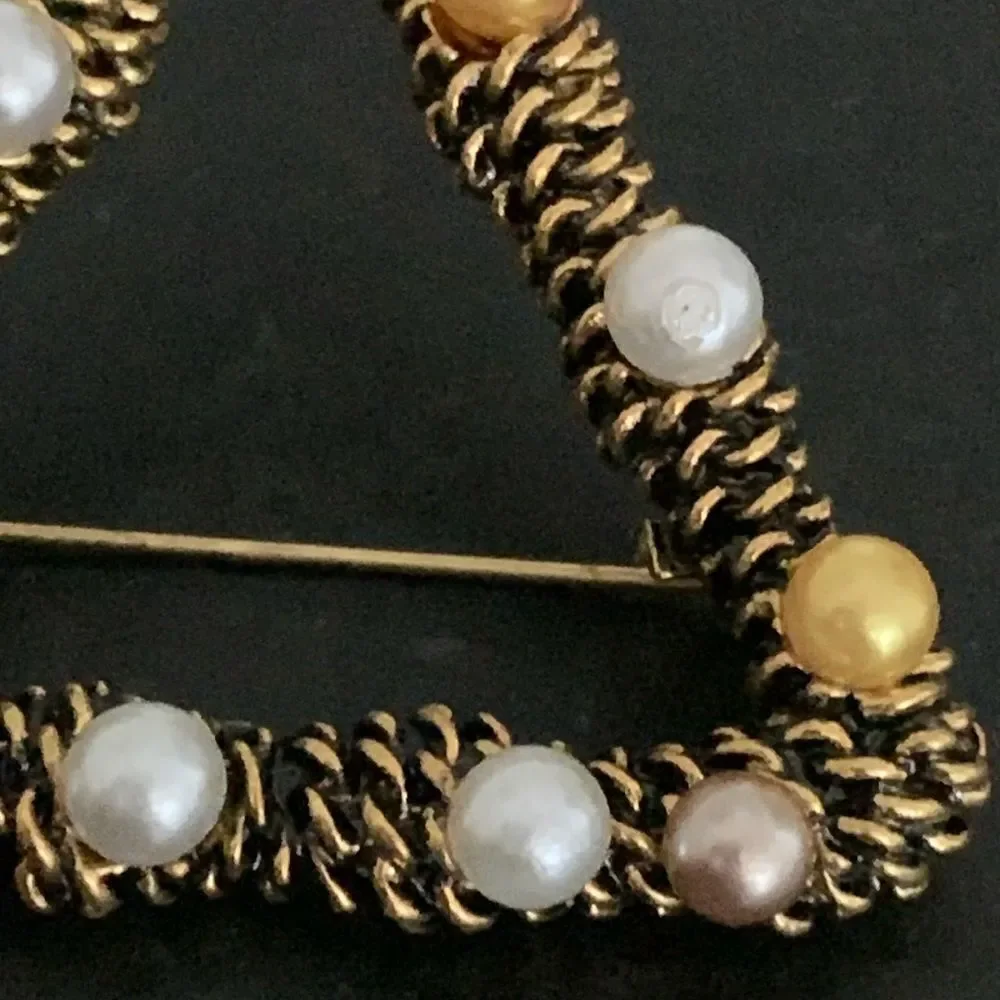 Vintage Style Triangle Brooch with Faux Pearls, Antique Gold Finish